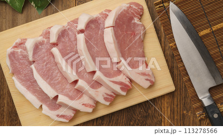まな板の上の豚ロース肉 113278566