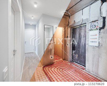 Comparison of old flat with underfloor heating pipes and new renovated apartment with modern interior design. Hallway with heated floor before and after renovation. Comparison of old flat with underfloor heating pipes and new renovated apartment with modern interior design. Hallway with heated floor before and after renovation. 113278620