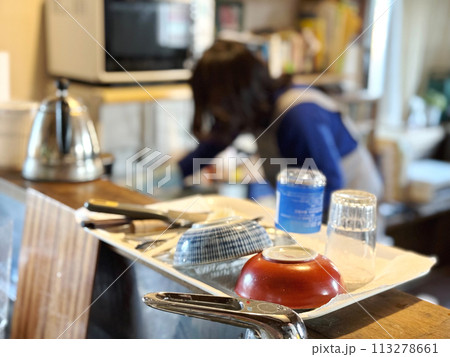 食器の向こうで掃除する女性 食器の向こうで掃除する女性 113278661