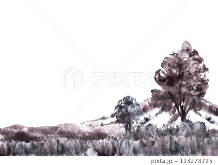 Watercolor monochromatic landscape with field, meadow, bushes, trees, hills, sky and clouds. Vintage grey, black color scheme, stormy weather nature Hand draw illustration Isolated white background Watercolor monochromatic landscape with field, meadow, bushes, trees, hills, sky and clouds. Vintage grey, black color scheme, stormy weather nature Hand draw illustration Isolated white background 113278725