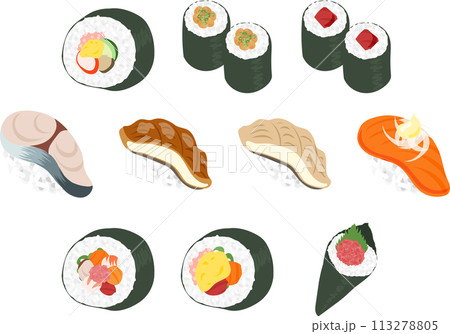 新鮮な海の幸を楽しむ美味しいお寿司の可愛いアイコンです。 113278805