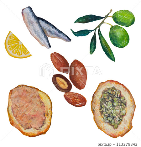 バーで出されるおつまみ5種類のリアルな水彩イラスト バーで出されるおつまみ5種類のリアルな水彩イラスト 113278842