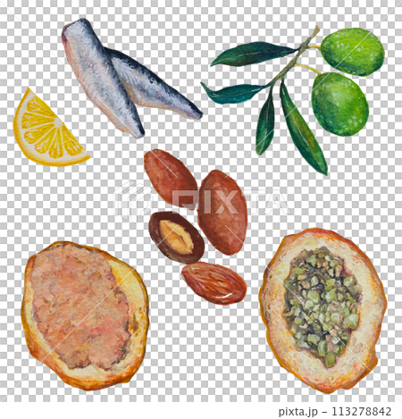 バーで出されるおつまみ5種類のリアルな水彩イラスト バーで出されるおつまみ5種類のリアルな水彩イラスト 113278842