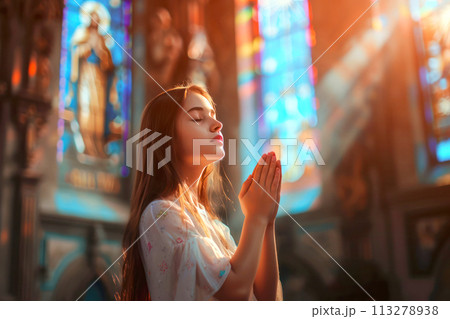 In church, Jesus gives rejoicing to cute girl AI Generation 113278938