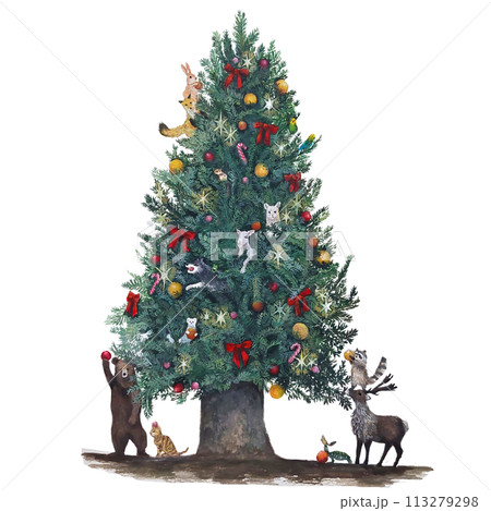 様々な動物たちがクリスマスツリーの飾り付けをしているリアルな水彩イラスト 様々な動物たちがクリスマスツリーの飾り付けをしているリアルな水彩イラスト 113279298