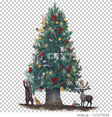 様々な動物たちがクリスマスツリーの飾り付けをしているリアルな水彩イラスト 様々な動物たちがクリスマスツリーの飾り付けをしているリアルな水彩イラスト 113279298