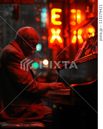 Talented senior man, musician playing piano outdoors in evening illuminated street neat classical bar and jazz club. 113279421