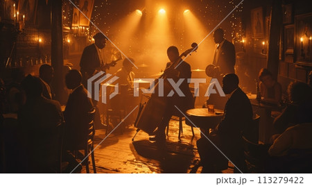 Jazz band performing in a dimly lit club filled with people, soft golden light, speakeasy club 113279422