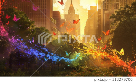 Magical Urban Oasis with Butterflies and Sunlight 113279700