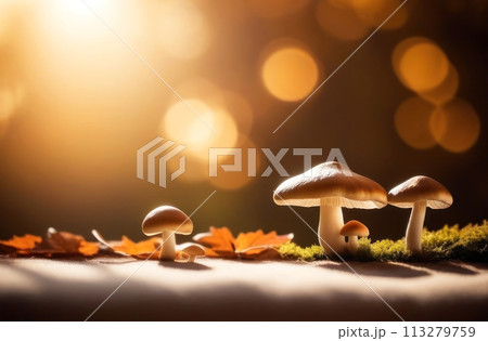 Enchanting forest mushrooms bathed in golden ligh 113279759