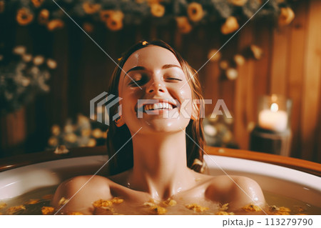 Happy young woman after spa treatments takes a bath with flower petals. Generated by AI. 113279790