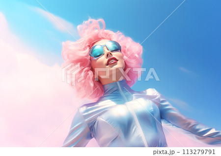 Futuristic portrait of a young attractive woman with pink hair and stylish blue glasses. Generated by AI. Futuristic portrait of a young attractive woman with pink hair and stylish blue glasses. Generated by AI. 113279791