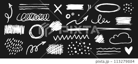 Chalk color pencil texture brush dot stroke vector element. Children crayon color brush stroke texture arrow, circle, underline shape. Hand drawn childish chalk pencil scribble. Vector 113279884