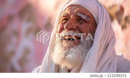 elderly man with a white beard and turban exudes happiness in this warm portrait 113280331