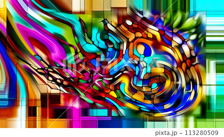 タイトル : 抽象画：色、形、線を使った非具象的なアートワーク