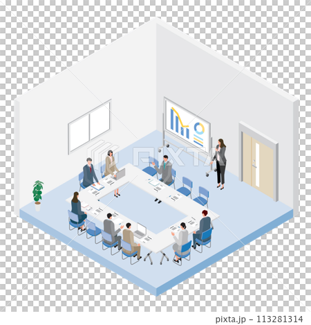 会社の会議室でミーティングをしているアイソメトリックイラスト 113281314