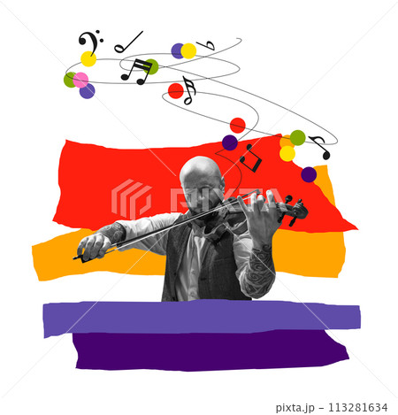 Monochrome image of artistic, talented man playing violin on white background with abstract colorful elements. Contemporary art collage. 113281634
