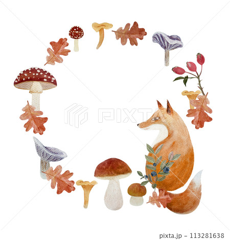 Fox in a forest plants frame watercolor flat illustration isolated on white Fox in a forest plants frame watercolor flat illustration isolated on white 113281638