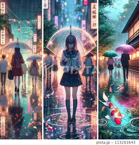 【ちょび作品】雨の街｜#外は雨シリーズ｜F4サイズ ｜風景画｜ 雨の日に雨降る街の風景のイラスト素材 [113281643] - PIXTA