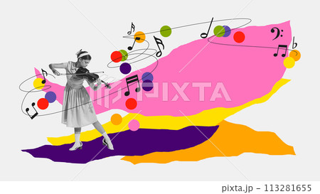 Monochrome image of tender young girl playing violin on white background with abstract colorful elements. Contemporary art collage. Monochrome image of tender young girl playing violin on white background with abstract colorful elements. Contemporary art collage. 113281655