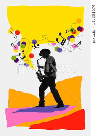 Silhouette of man playing saxophone on white background with colorful design elements. Contemporary art collage. Silhouette of man playing saxophone on white background with colorful design elements. Contemporary art collage. 113281674