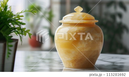 Memorial cremation urn on marble against serene background 113281692