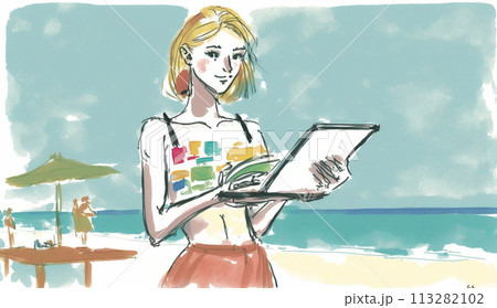 海辺のリゾートに来ているのに仕事のデジタルデバイスを手放せない女性