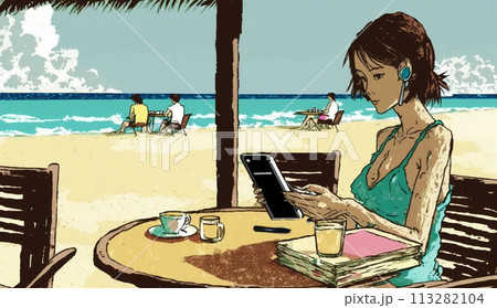 海辺のリゾートに来ているのに仕事のデジタルデバイスを手放せない女性
