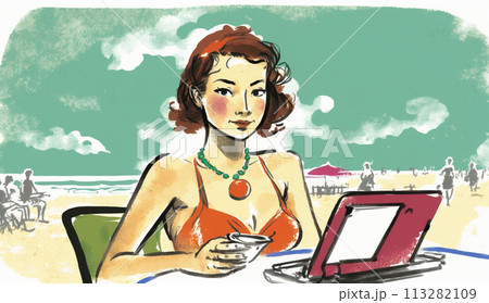 海辺のリゾートに来ているのに仕事のデジタルデバイスを手放せない女性
