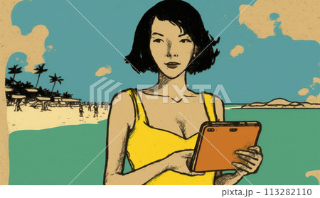 海辺のリゾートに来ているのに仕事のデジタルデバイスを手放せない女性