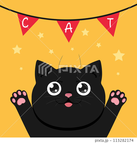 Black peeking cat. Happy cat on yellow background decorated with stars and garland. Cute cartoon character. Vector illustration 113282174