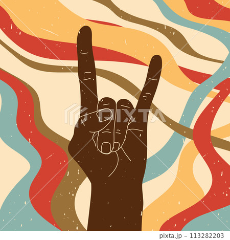 Retro style background with a hand showing rock horns gesture. Vintage grunge texture. Vector illustration 113282203