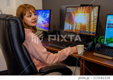 ゲームを楽しむ女性 ゲームを楽しむ女性 113282226