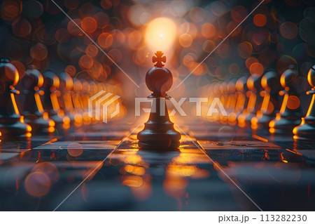 pawn reaching the other side of the board, transformed into a queen, representing the power of perseverance and transformation. chess game abstract concept pawn reaching the other side of the board, transformed into a queen, representing the power of perseverance and transformation. chess game abstract concept 113282230