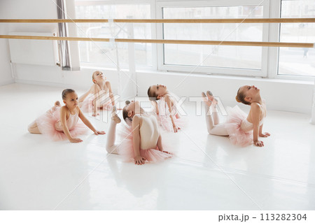 Group of little girls ballerinas doing floor stretches in a bright modern dance studio. Classical ballet school. 113282304