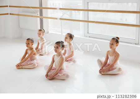 Little, charming pre school girls, ballerinas in pink tutus warming up legs before training at modern dance studio. Classical ballet school. 113282306
