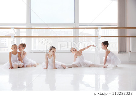Children, little girls in ballet attire focusing on dance exercises at studio barre. Classical ballet school. 113282328
