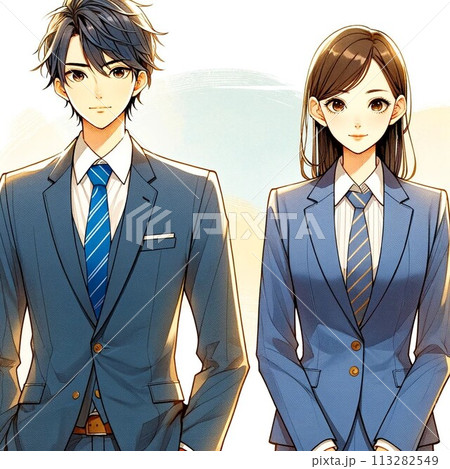 直立する若い就活生の男女 113282549