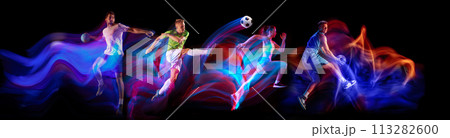 Athletes of different sport in motion, training on black background in neon with mixed lights. Men and women in dynamic poses 113282600