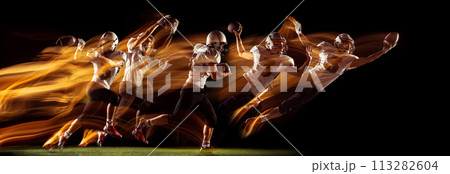 Development of movements. American football player in motion catching ball on black background in neon with mixed lights Development of movements. American football player in motion catching ball on black background in neon with mixed lights 113282604