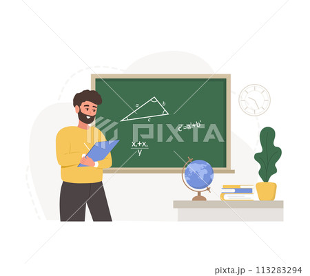 Male teacher in classroom. Pedagogue at lecture at chalkboard. School and college concept. Vector illustration in flat cartoon style 113283294