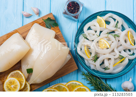 Squid rings and tubes with lemon Squid rings and tubes with lemon 113283503
