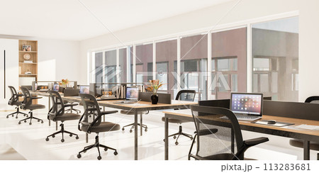 Modern office space with desks, computers and natural light during the day 3d render illustration 113283681