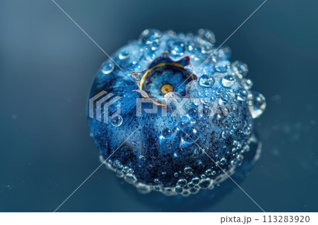 A macro shot captures the intricate detail of a dew-covered blueberry A macro shot captures the intricate detail of a dew-covered blueberry 113283920