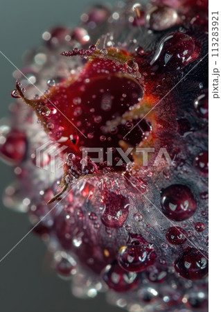 Enthralling macro shot of a blackberry enveloped in water droplets 113283921