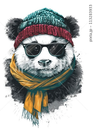A whimsical panda dons a beanie and scarf A whimsical panda dons a beanie and scarf 113283933
