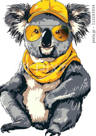A koala sports a vibrant yellow cap and matching scarf 113283934