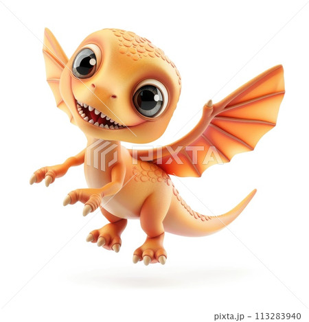 A charming 3D young dinosaur with oversized, expressive eyes and expansive wings 113283940
