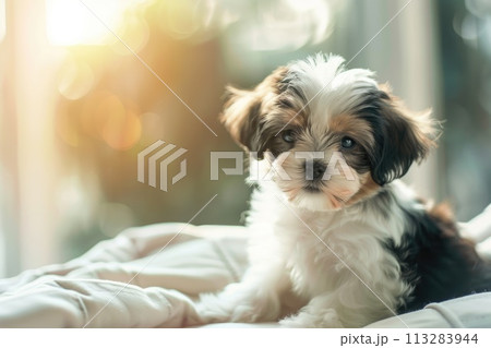A Shih Tzu puppy, with a warm blend of white and brown fur 113283944