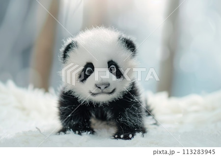 A baby panda toy peeks out with wide, curious eyes from a cozy embrace of white fluff A baby panda toy peeks out with wide, curious eyes from a cozy embrace of white fluff 113283945
